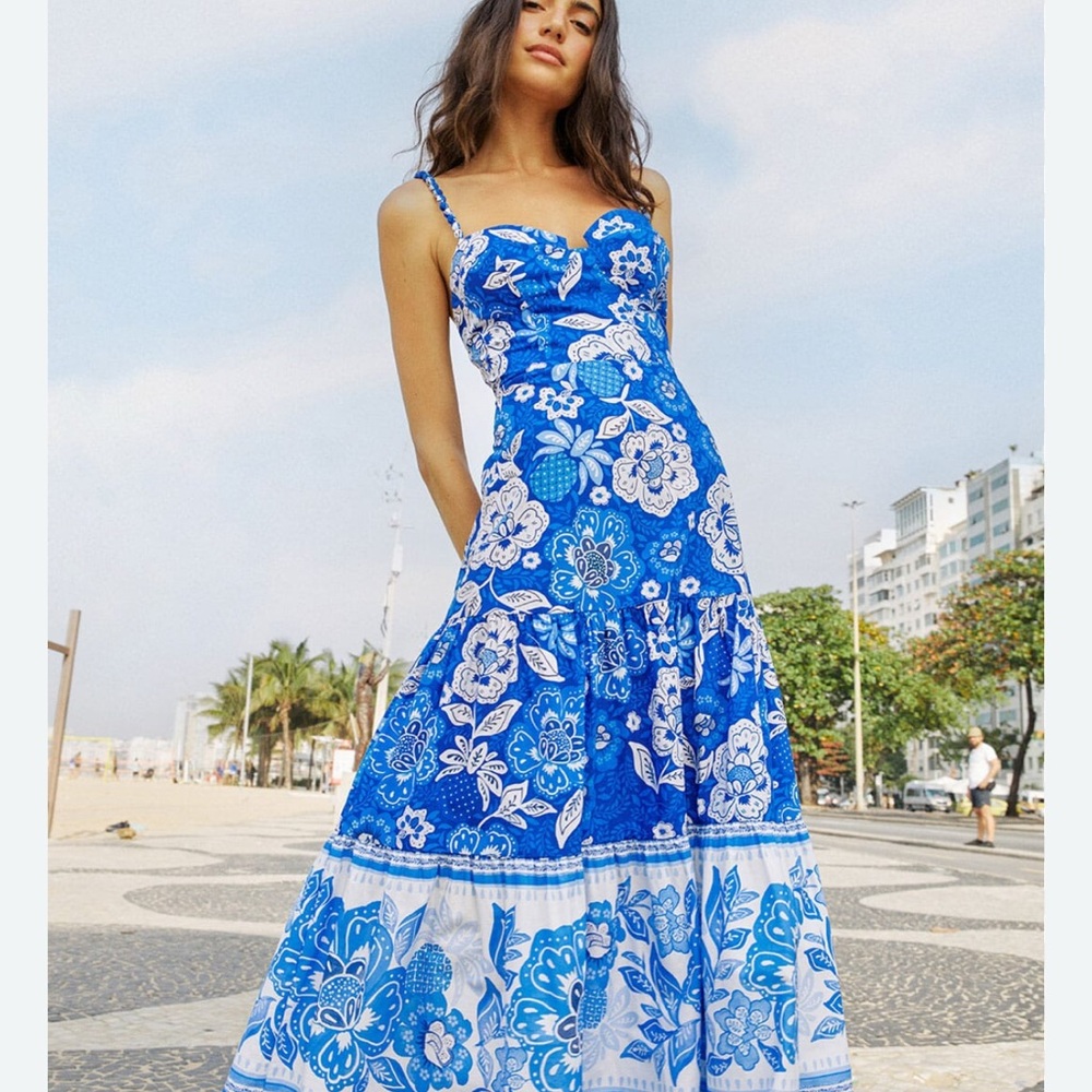 FARM Rio Blue and White Tiered Midi Sundress